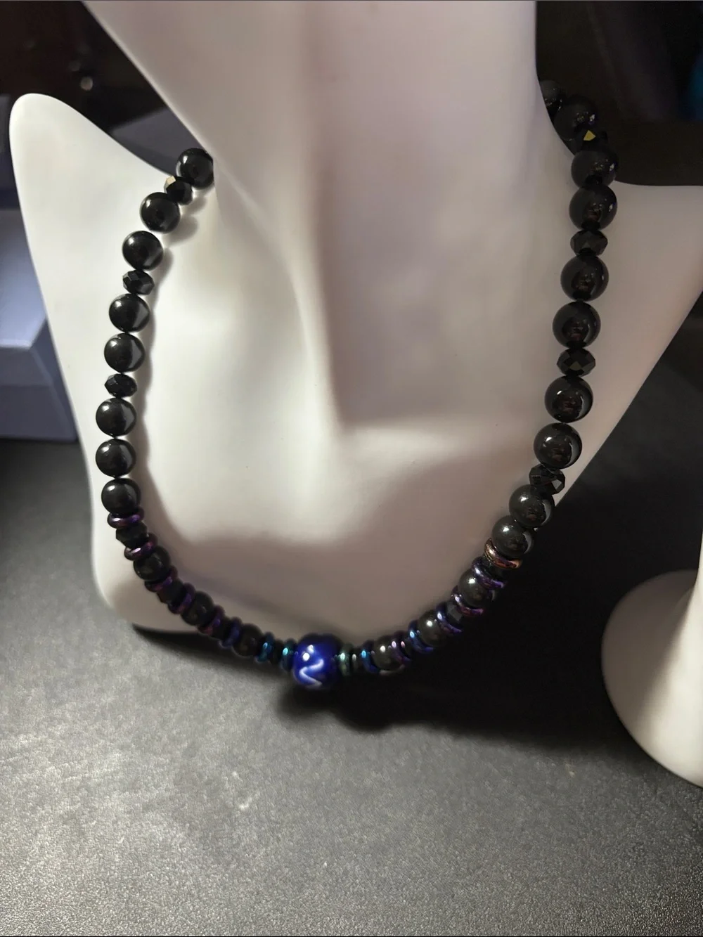 Black and Blue Beaded Necklace with Statement Blue Focal Bead